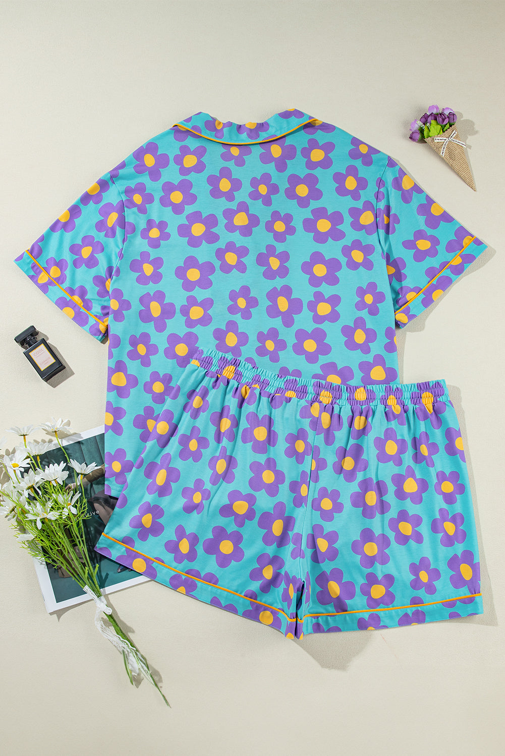 Sky Blue Flower Print Plus Size Short PJ Set