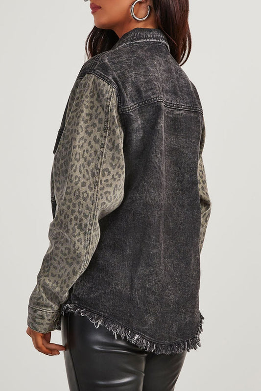 Black Leopard Raw Hem Denim Jacket