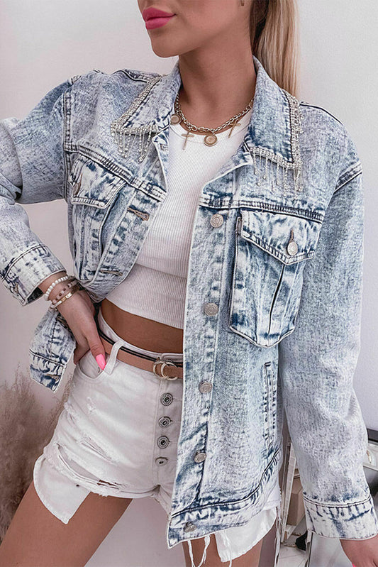 Misty Blue Retro Rhinestone Light Wash Denim Jacket