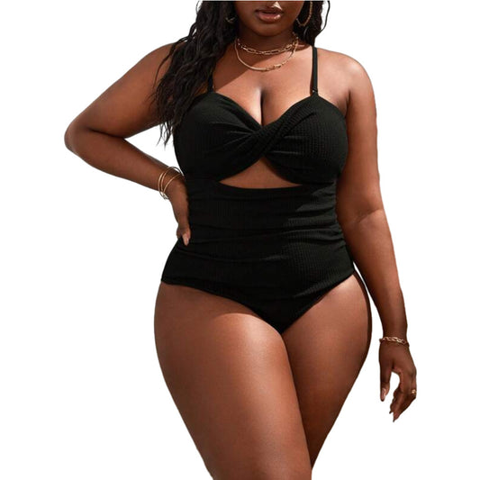 Plus Size Women's Black Slimming Sling Triangle One-piece Swimsuit