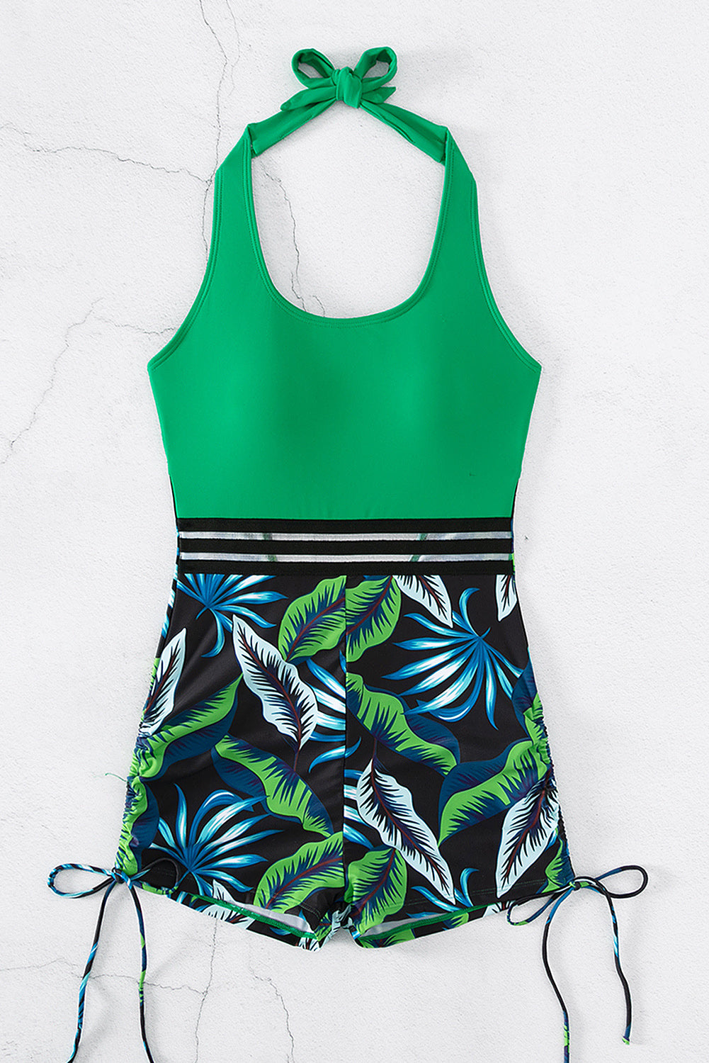 Bright Green Tropical Leaves Print Backless Monokini