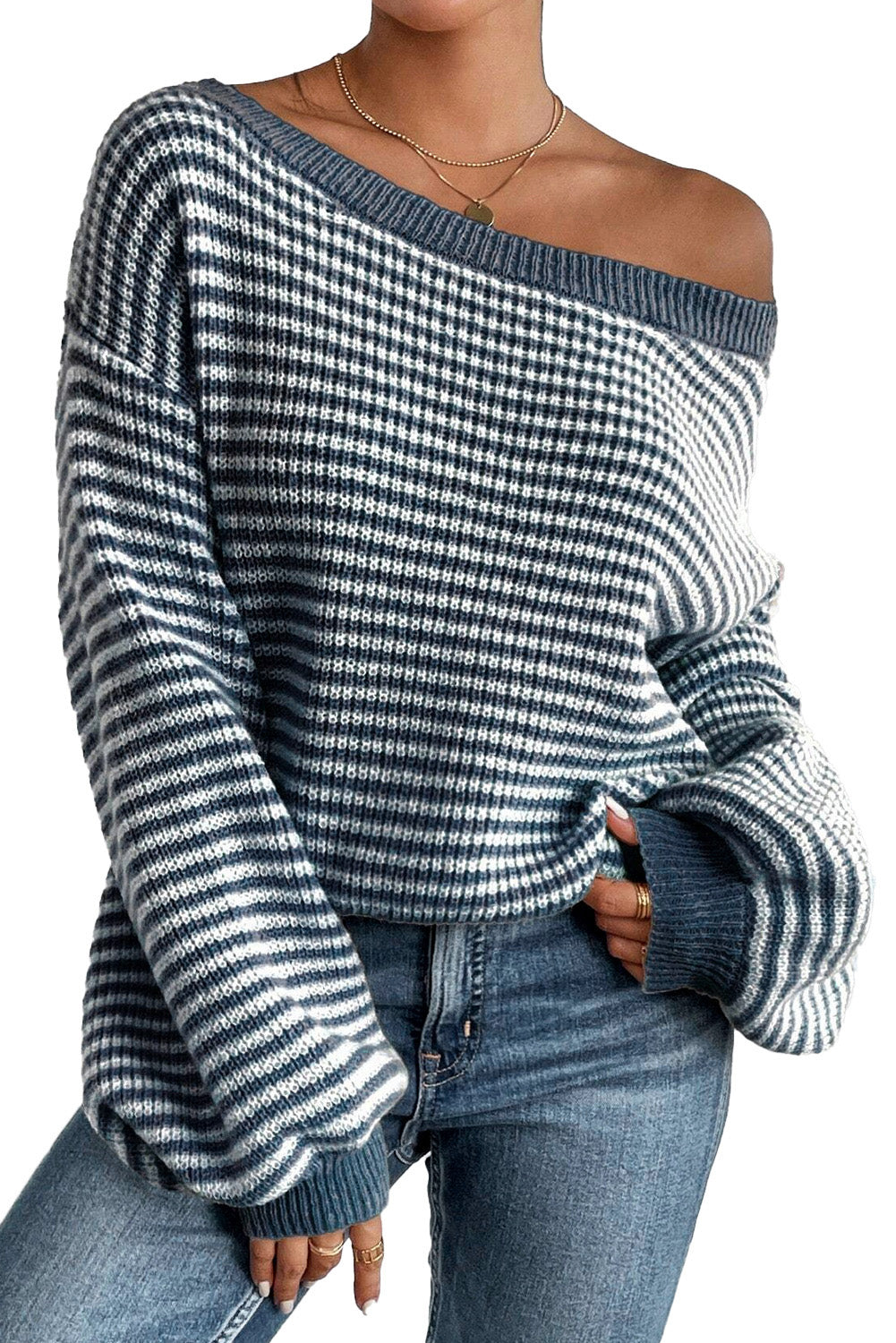 Sail Blue Striped Drop Shoulder Sweater