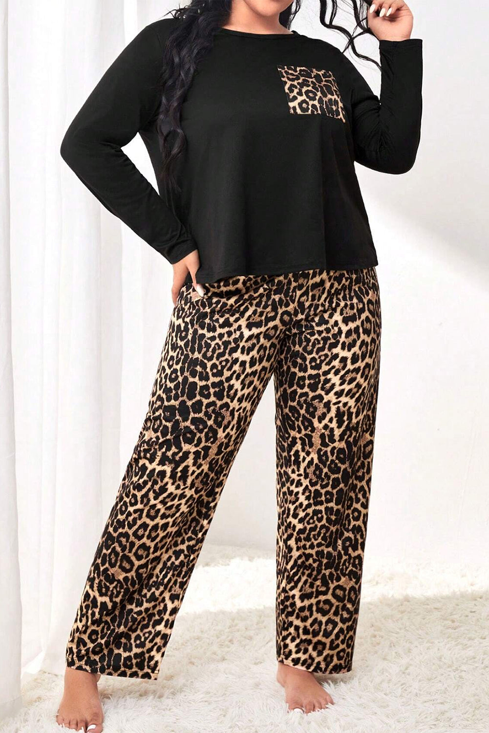 Leopard Patched Long Sleeve Plus Size Pajama Set