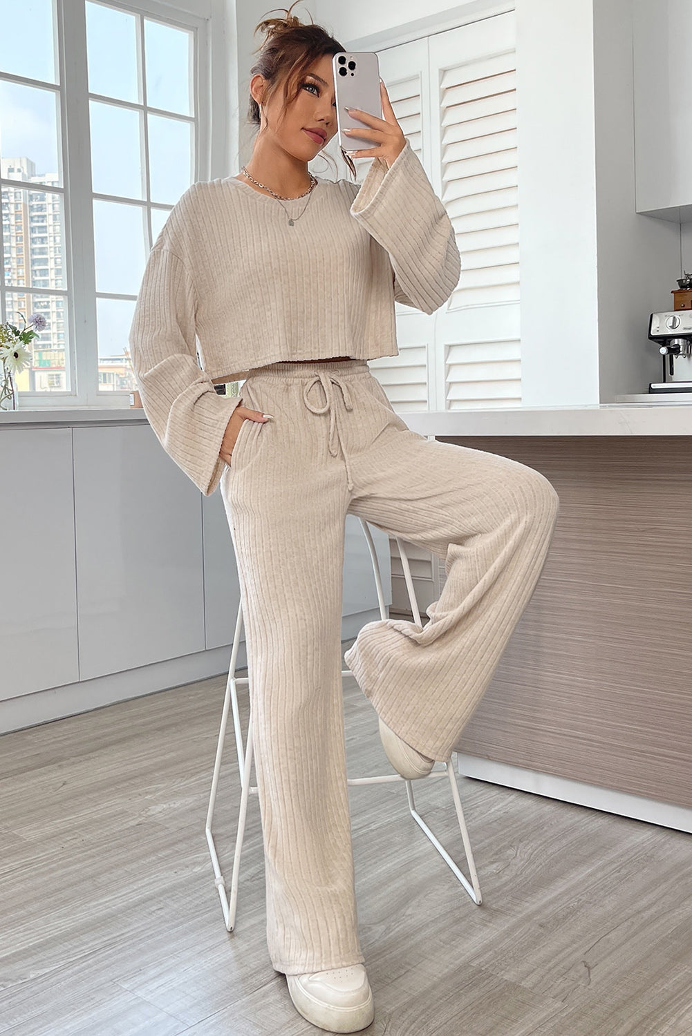 Khaki Bell Sleeve Crop Top & Drawstring Pants Set