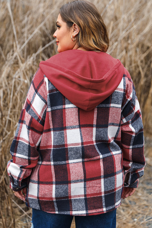 Red Printed Plus Size Plaid Hooded Jacket