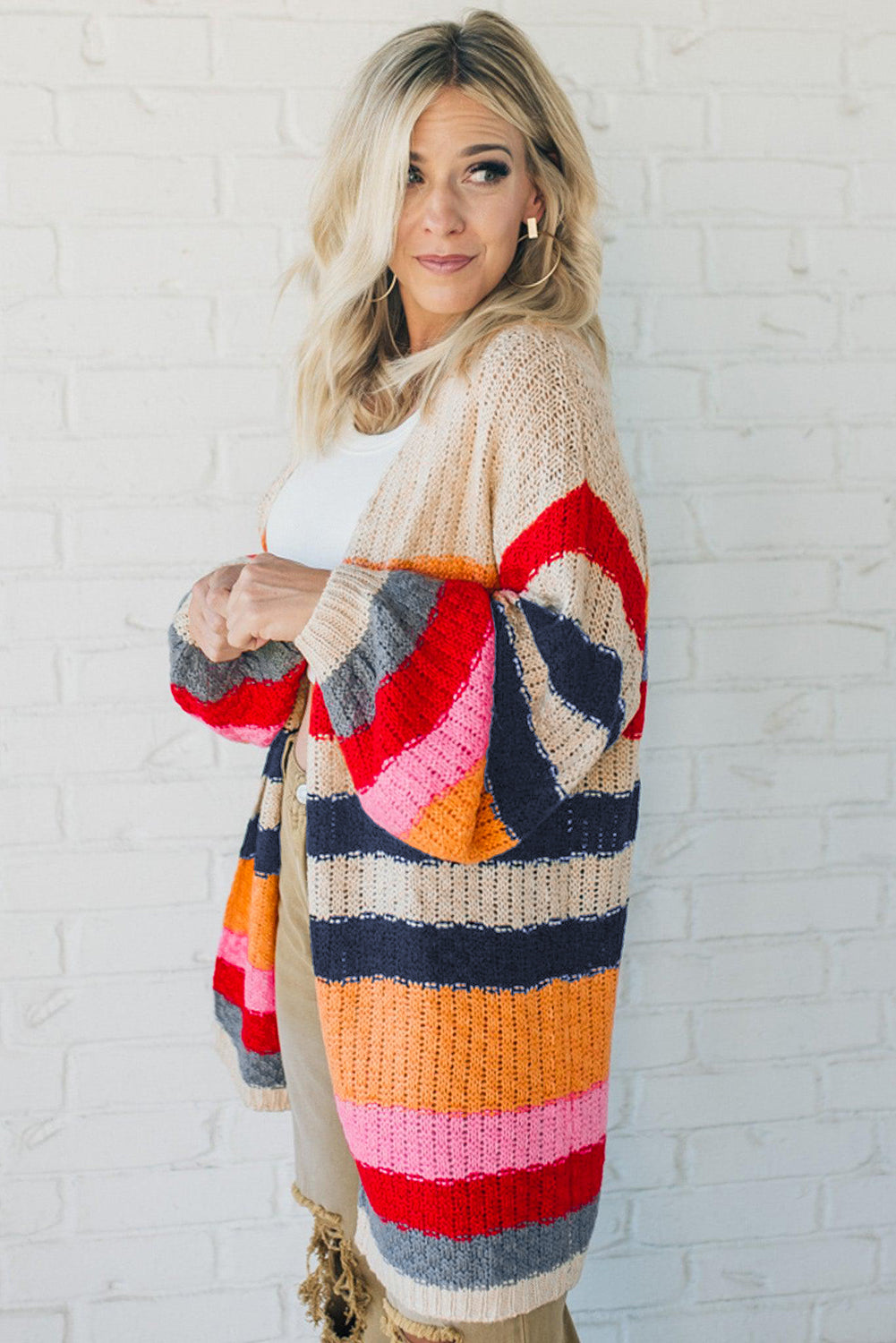 Striped Balloon Sleeve Baggy Cardigan