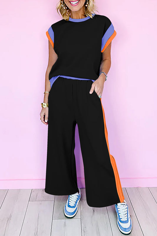 Color Block Casual Two-piece Pant Set