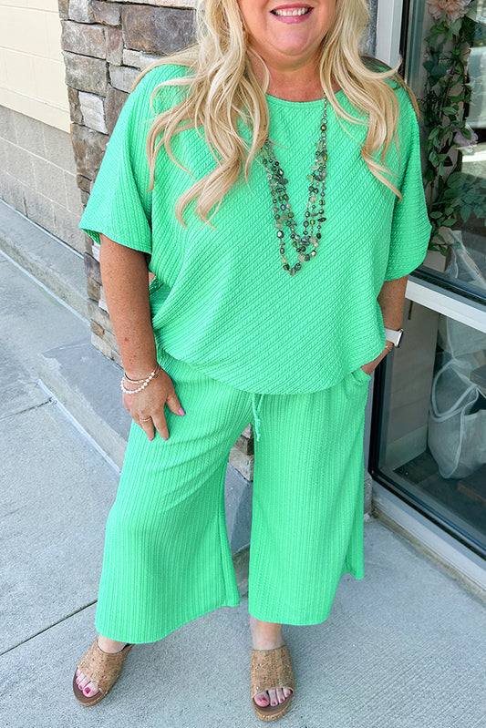 Plus Size Mint Green Textured Wide Leg Pants Set