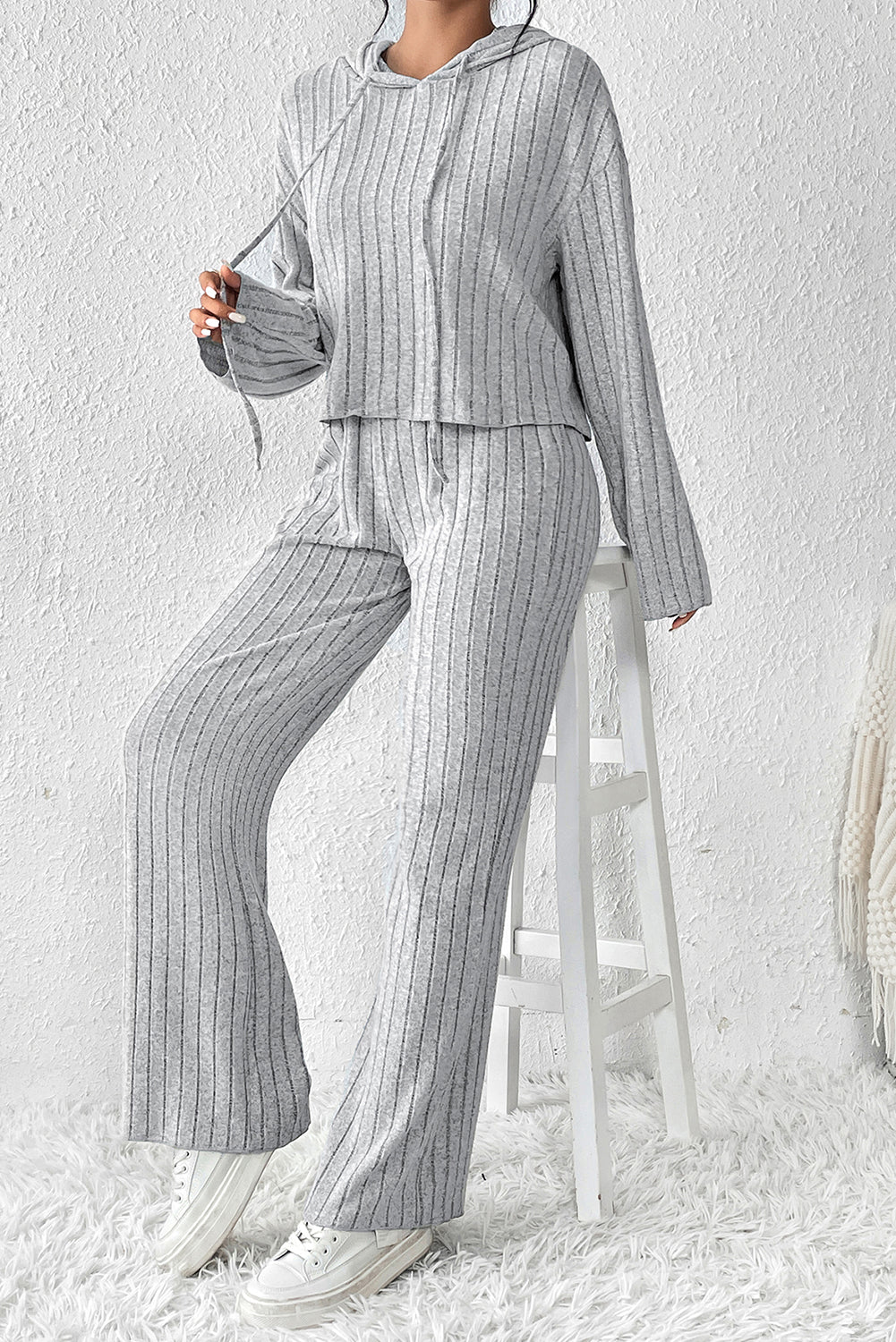 Ribbed Knit Slouchy Hoodie Wide Leg Pants Set