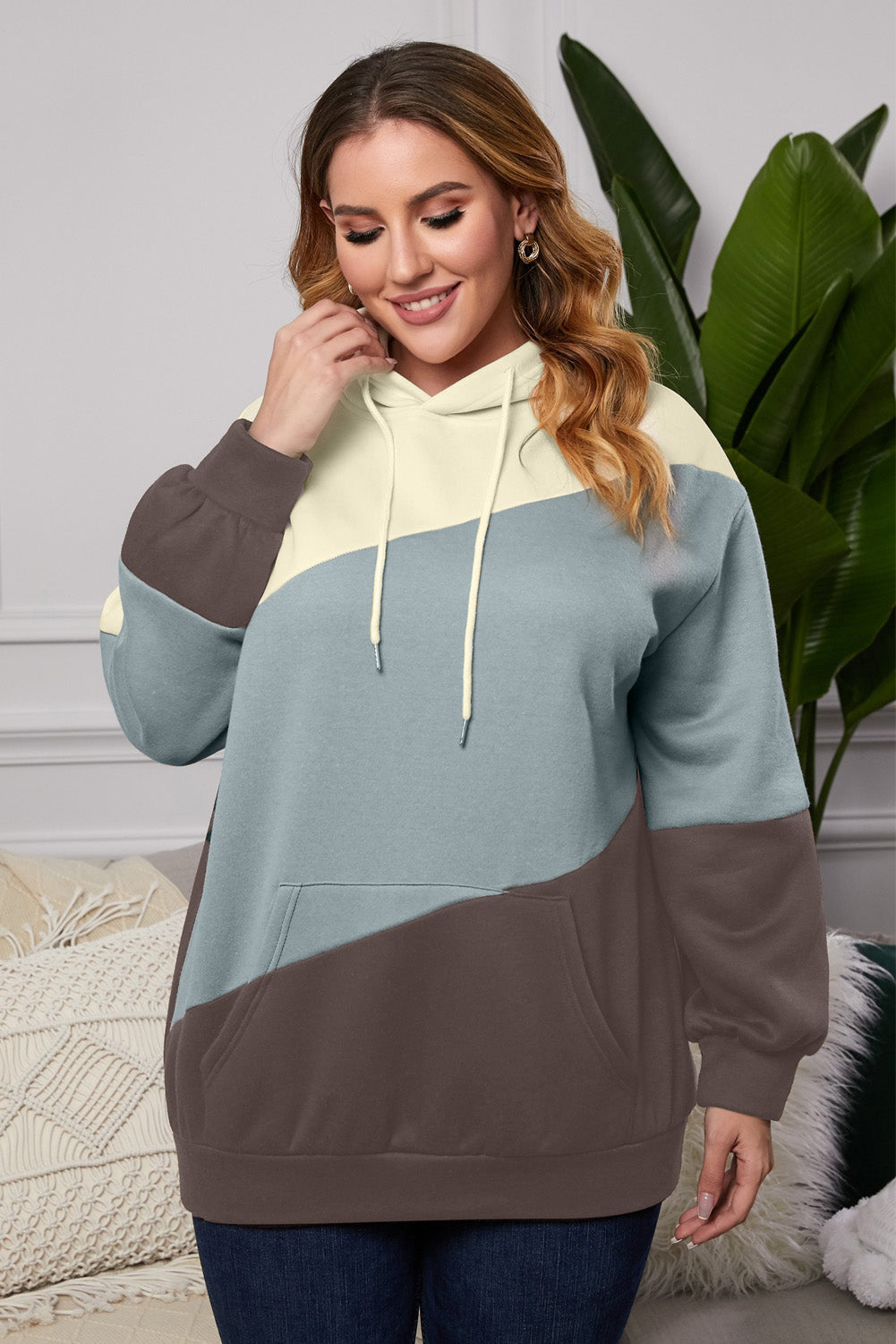 Multi Blue Kangaroo Pocket Plus Size Hoodie