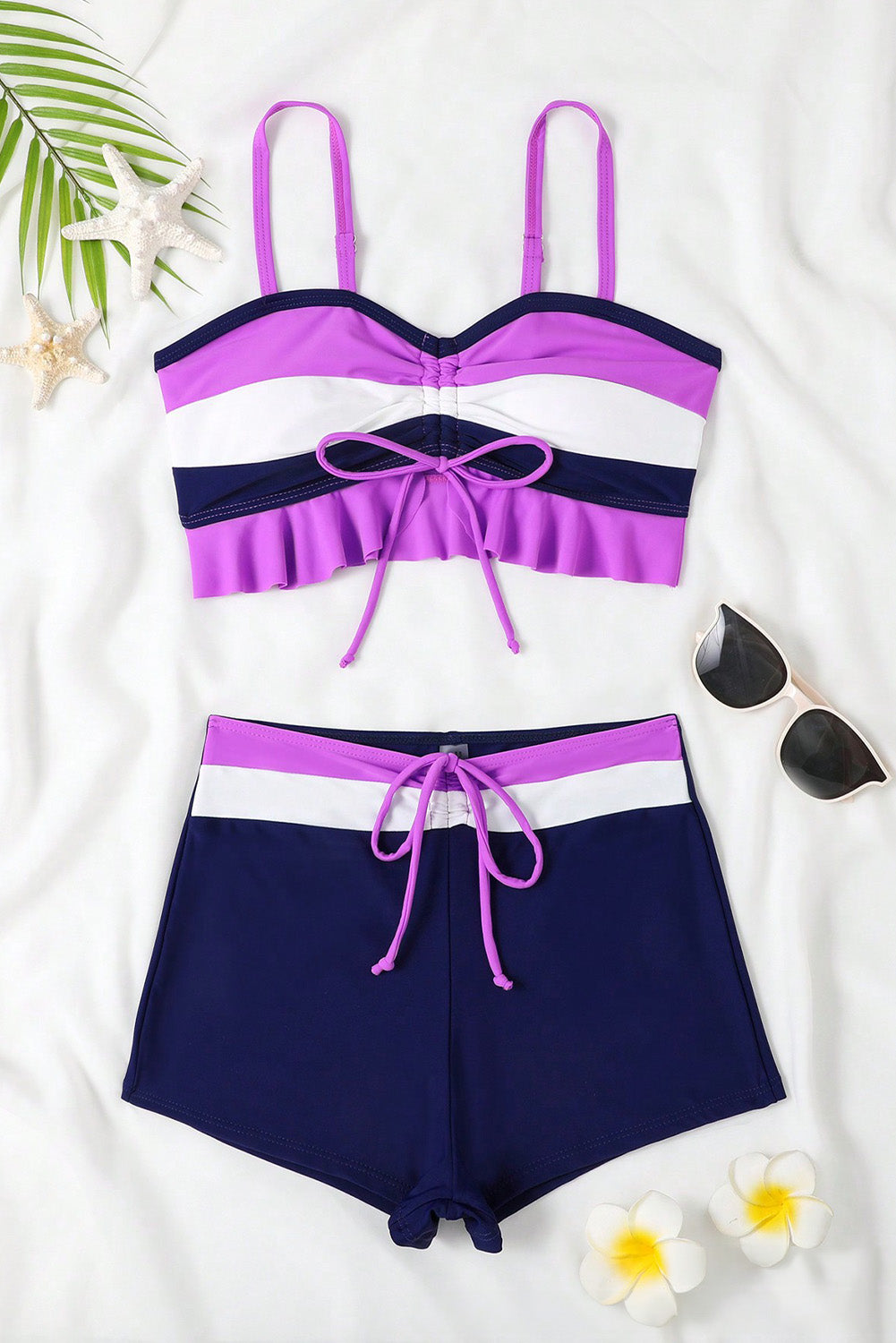 Dark Purple Colorblock Ruffleded Top Boy Shorts Bikini