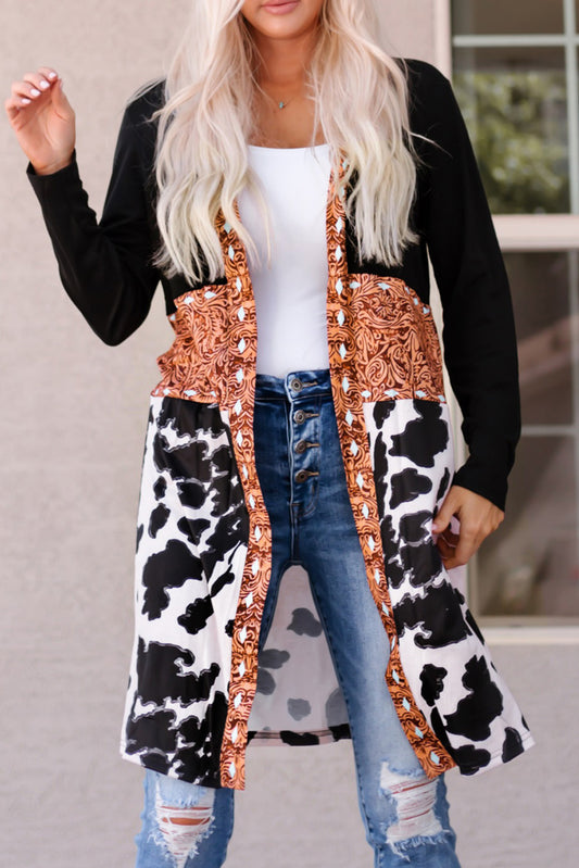 Black Western Cow Pattern Patchwork Cardigan