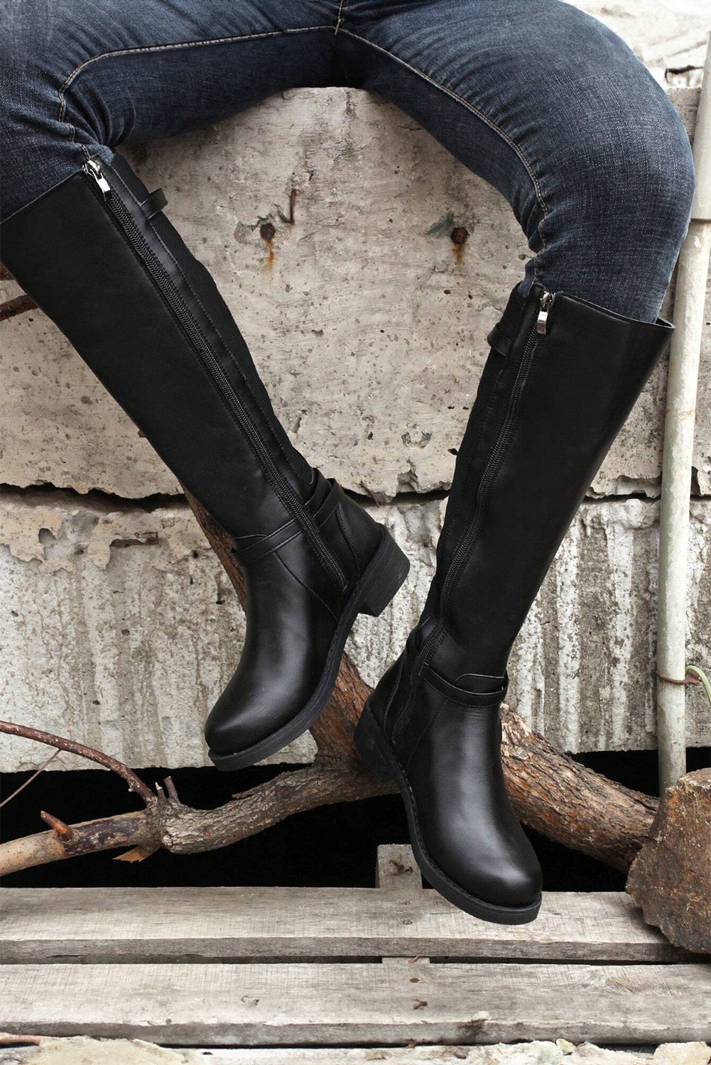 Black Side Zipper Knee High Boots