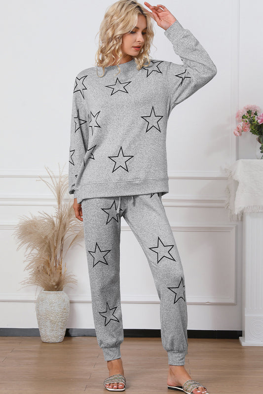 Gray Stars Print Long Sleeve Lounge Set