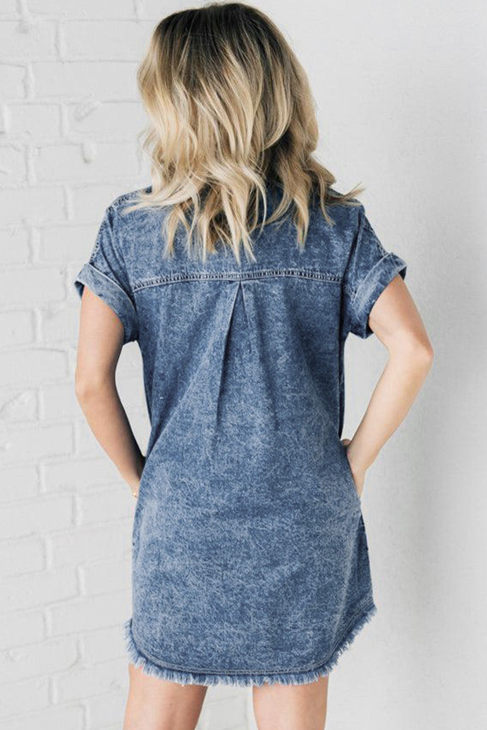 Blue Mineral Wash Frayed Hem Denim Dress