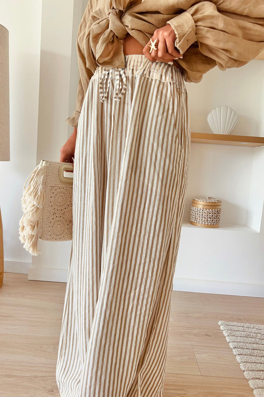 Khaki Striped Print Wide Leg Drawstring Pants