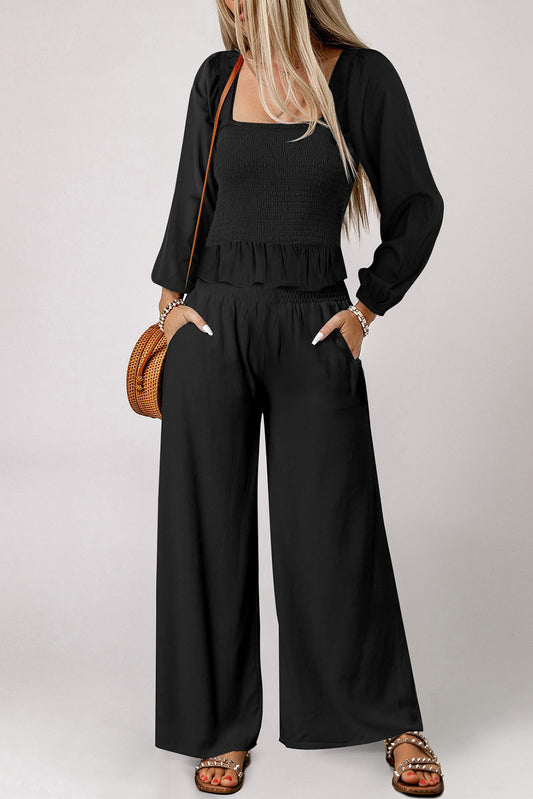 Black Smocked Peplum Top and Pants Set