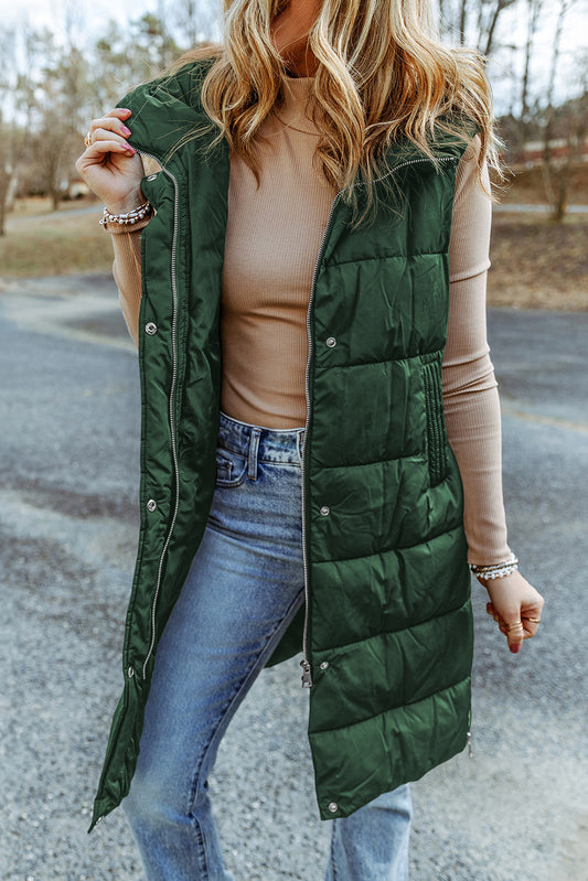 Green Hooded Quilted Long Vest Coat