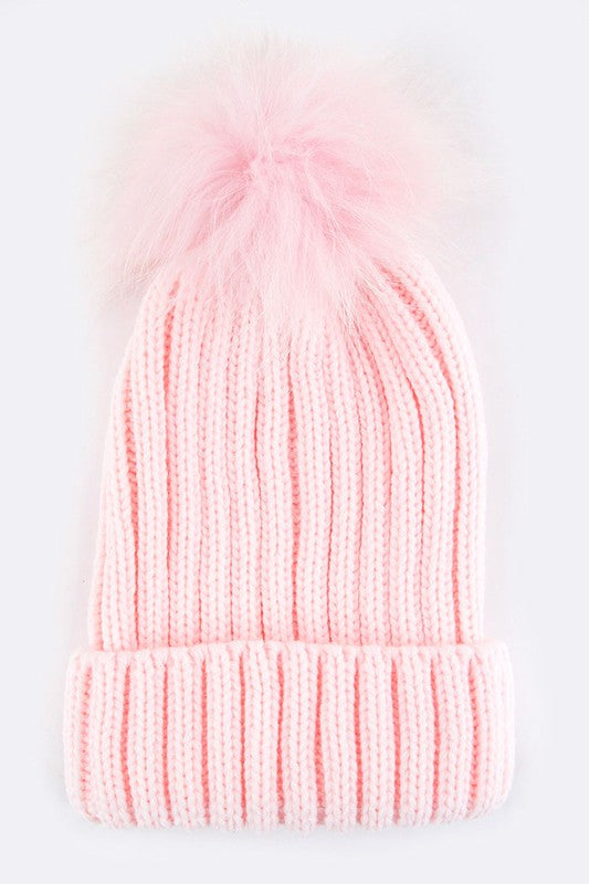 Raccoon Fur Pom Pom Beanie