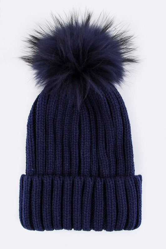 Raccoon Fur Pom Pom Beanie