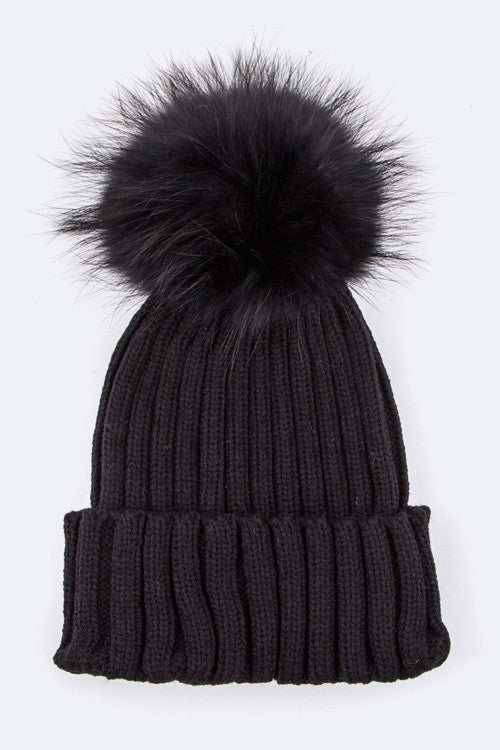 Raccoon Fur Pom Pom Beanie