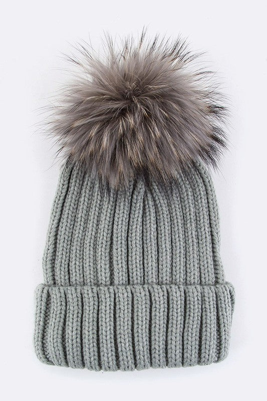 Raccoon Fur Pom Pom Beanie