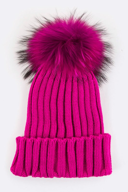 Raccoon Fur Pom Pom Beanie