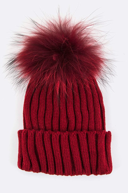 Raccoon Fur Pom Pom Beanie