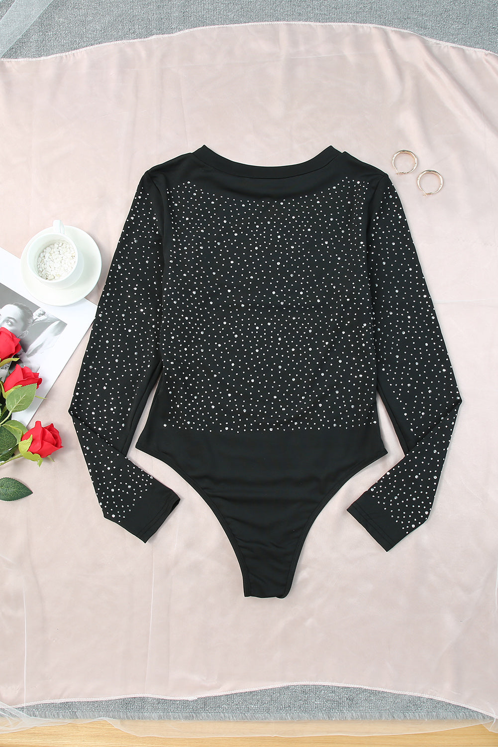 Black Rhinestone Casual Long Sleeve Bodysuit