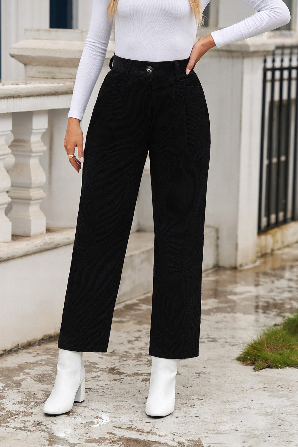 Gray Corduroy High Waist Straight Leg Pants