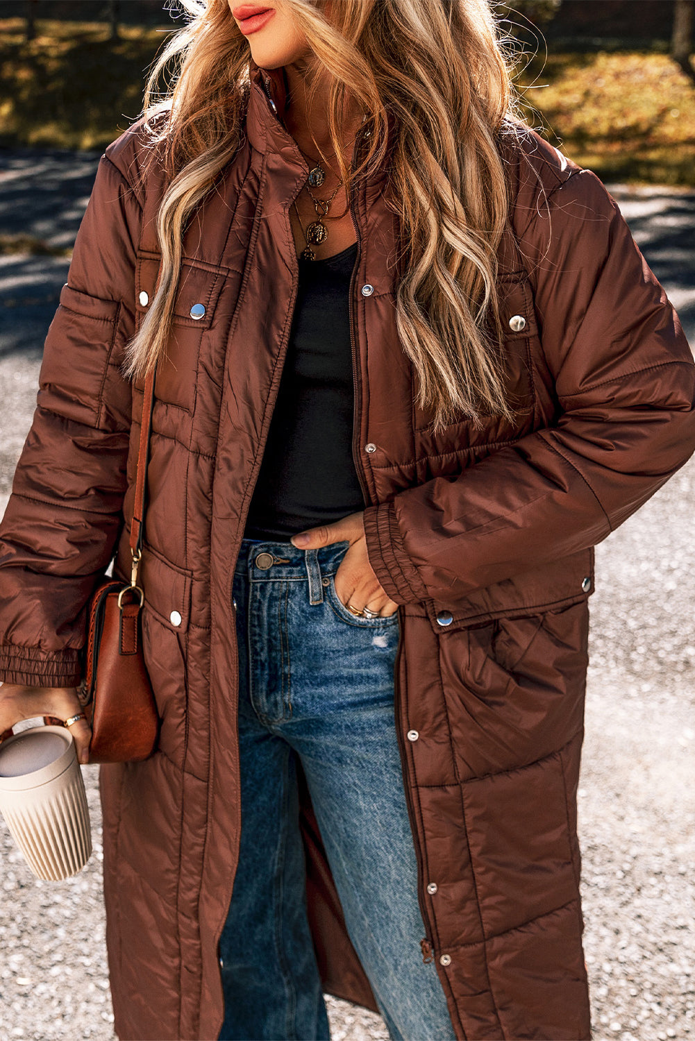 Coffee Quilted Zip Up Mid-length Coat