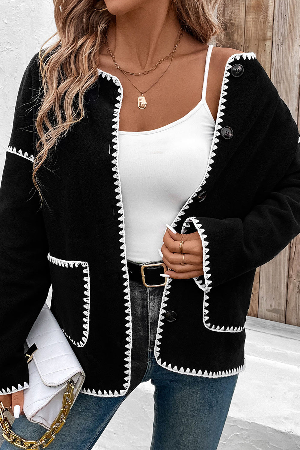 Black Contrast Trim Long Sleeve Button Up Jacket