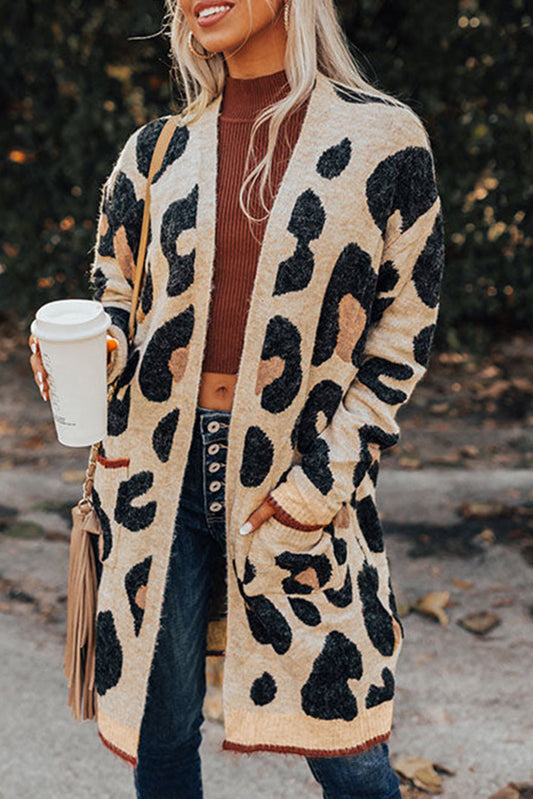 Oversized Leopard Print Open Midi Cardigan