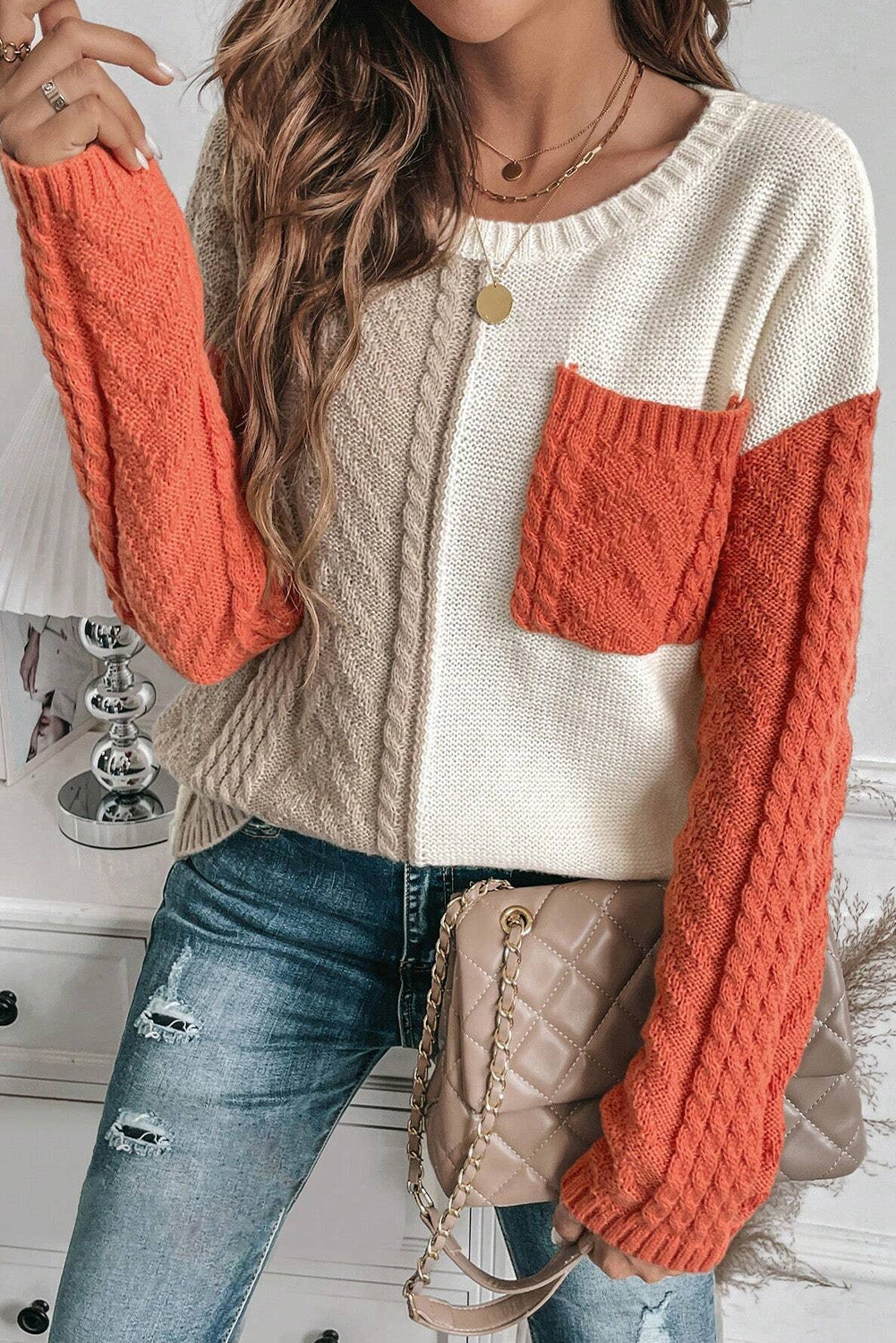 Green Colorblock Drop Shoulder Sweater