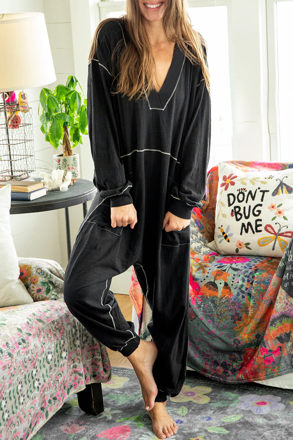 Black Flatlock Seam V Neck Baggy Jumpsuit