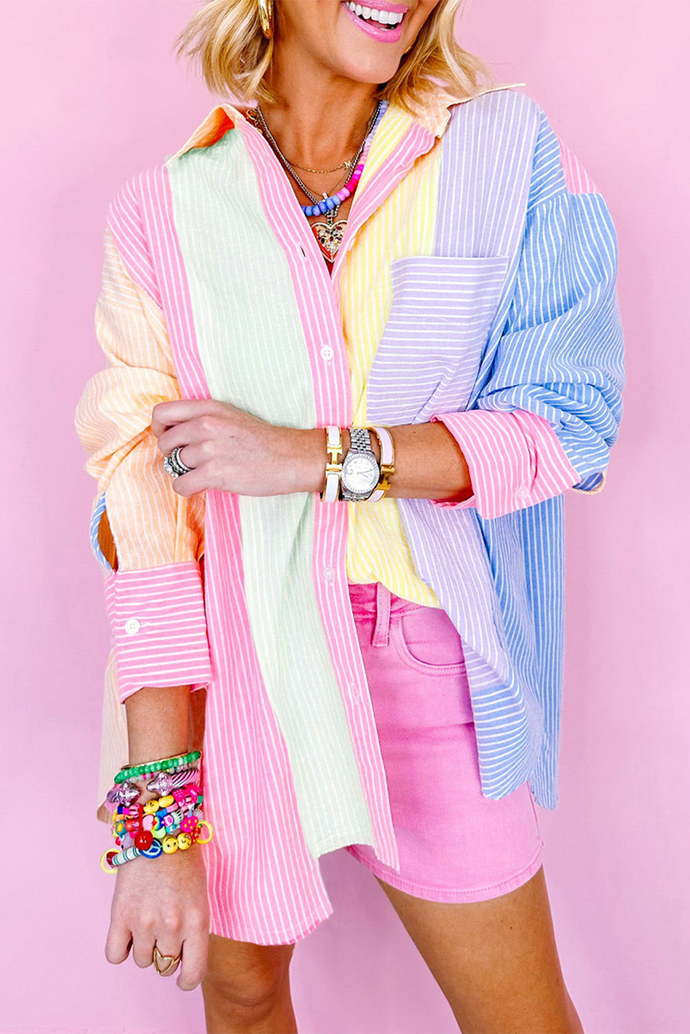 Pink Stripe Color Block Oversized Shirt