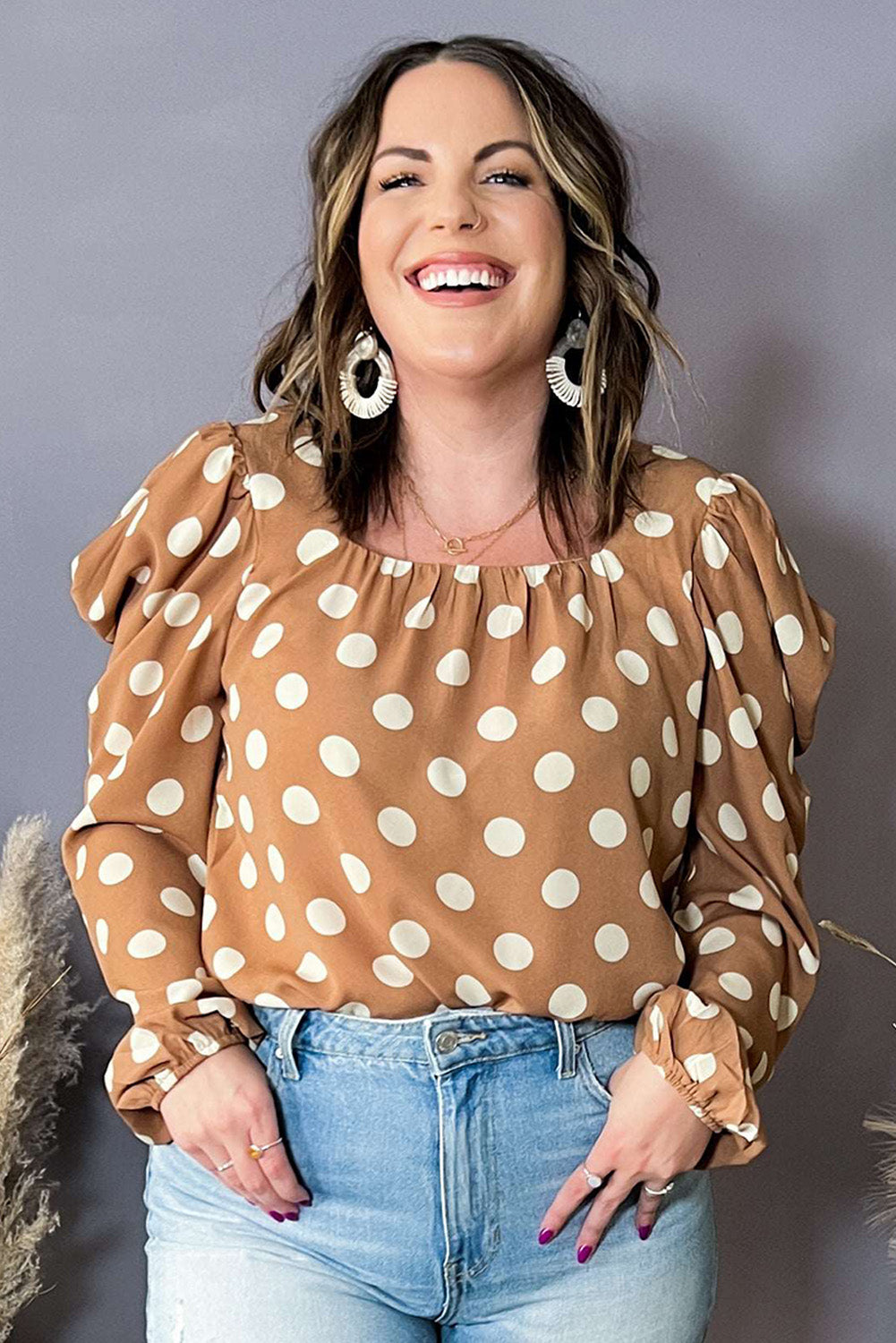 Khaki Plus Size Polka Dot Ruched Neckline Blouse