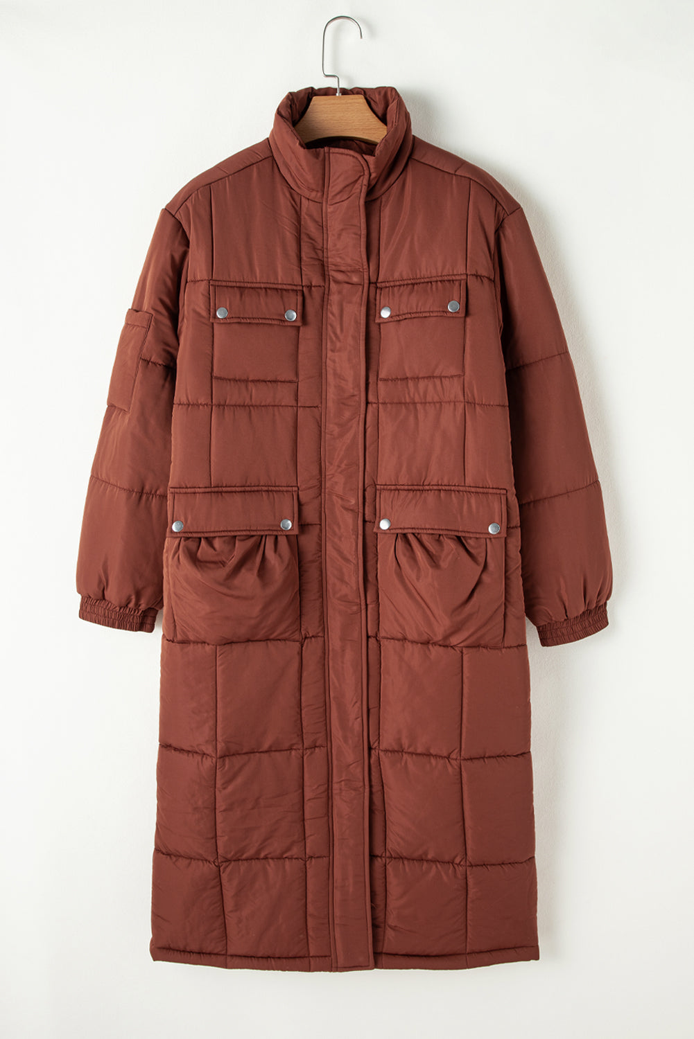 Coffee Quilted Zip Up Mid-length Coat