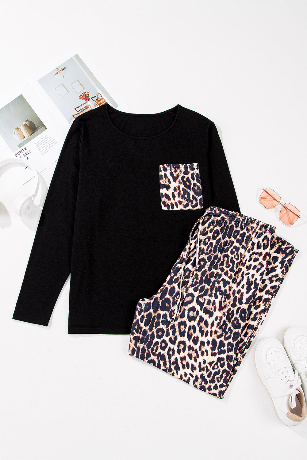 Leopard Patched Long Sleeve Plus Size Pajama Set