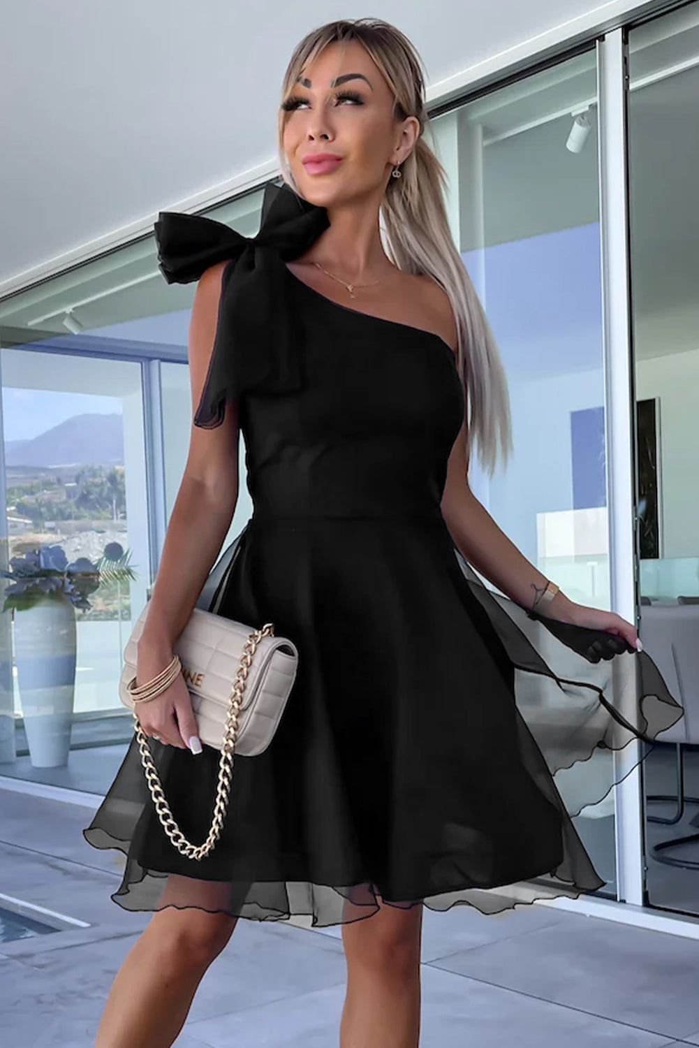 Black Bowtie One-shoulder Overlay Skater Dress