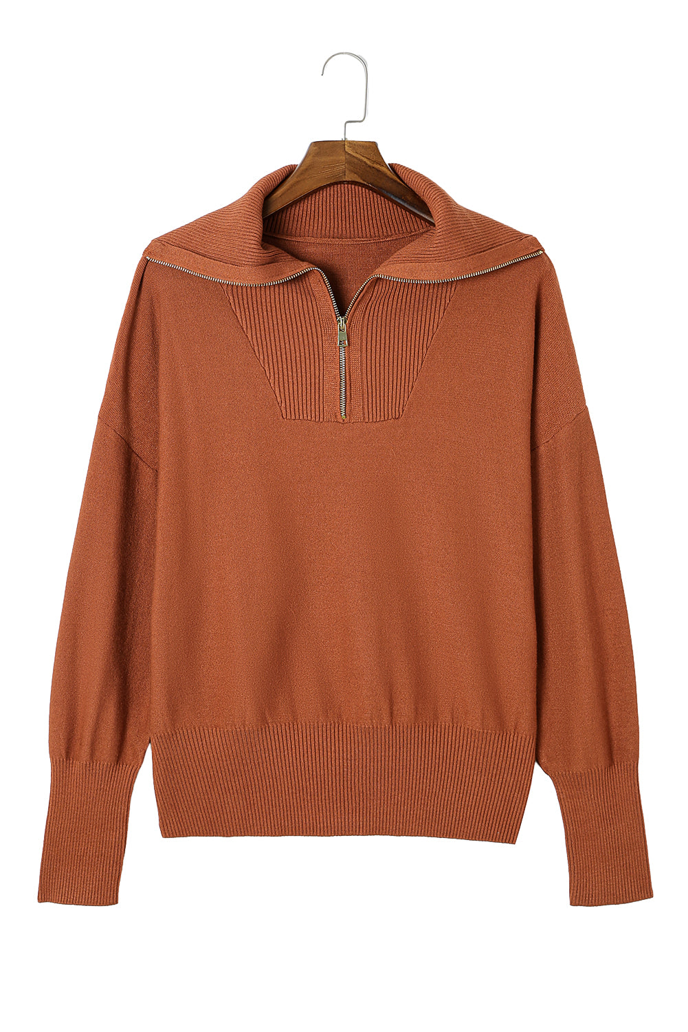 Brown Plus Size Zip Collar Sweater