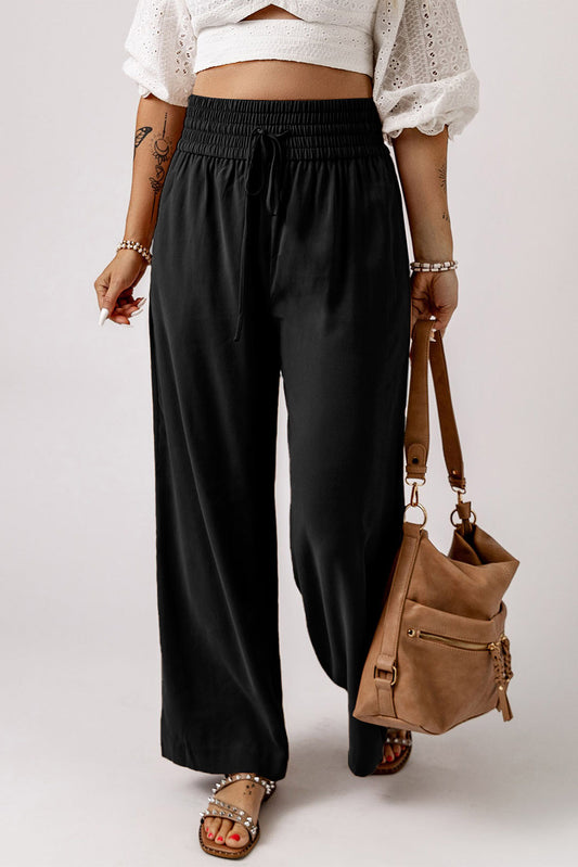 Blue Drawstring Elastic Waist Wide Leg Pants