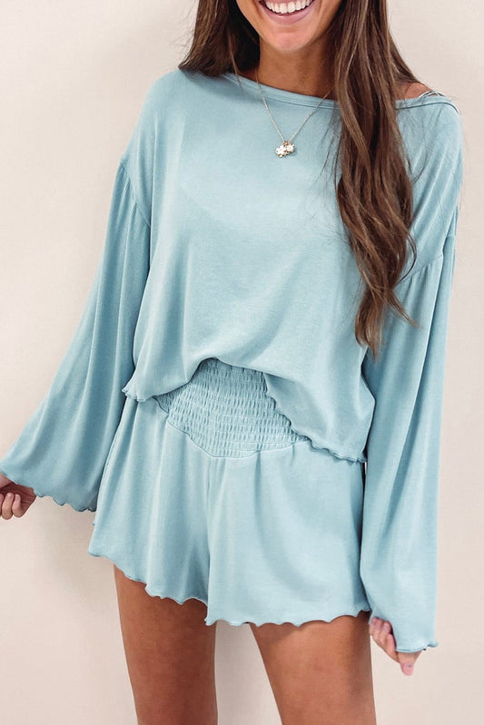 Sky Blue Long Sleeve Top & High Waisted Shorts Set