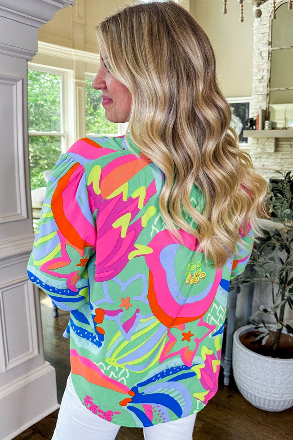 Green Abstract Printed Flounce Sleeve Plus Size Blouse