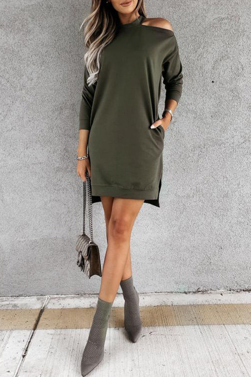 Khaki Off Shoulder T-shirt Dress with Slits