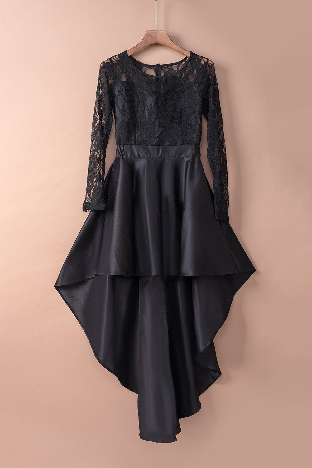 Black Long Sleeve Lace High Satin Dress