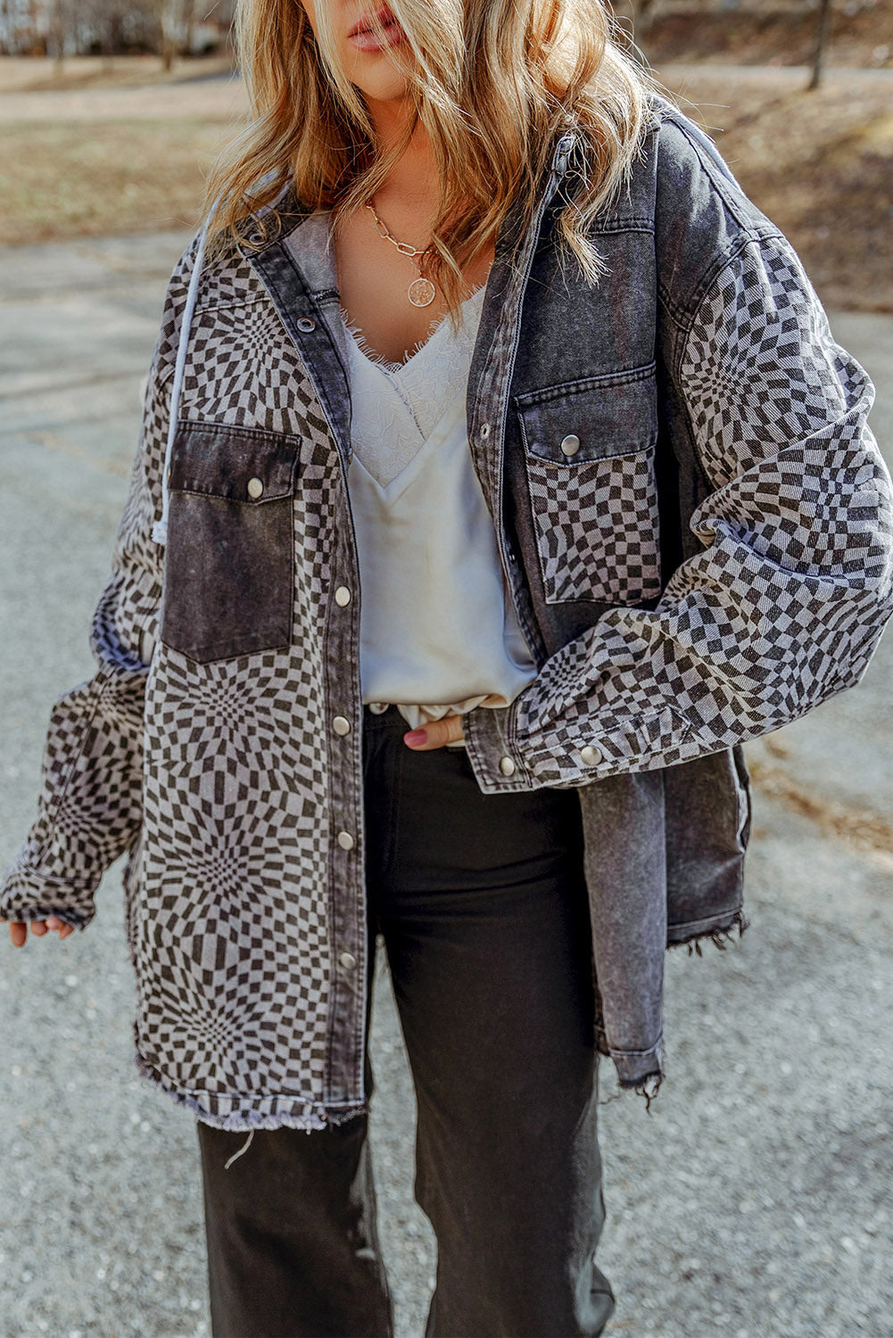 Gray Checkered Hooded Denim Jacket