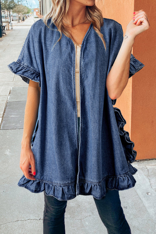 Blue Chambray Ruffle Hem Half Sleeve Kimono