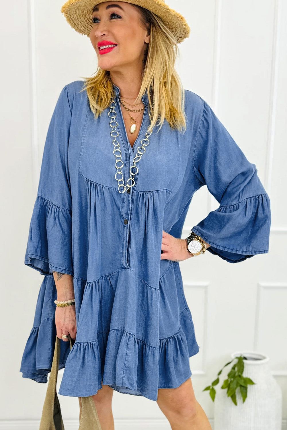 Black Chambray Ruffled 3/4 Sleeve Mini Dress