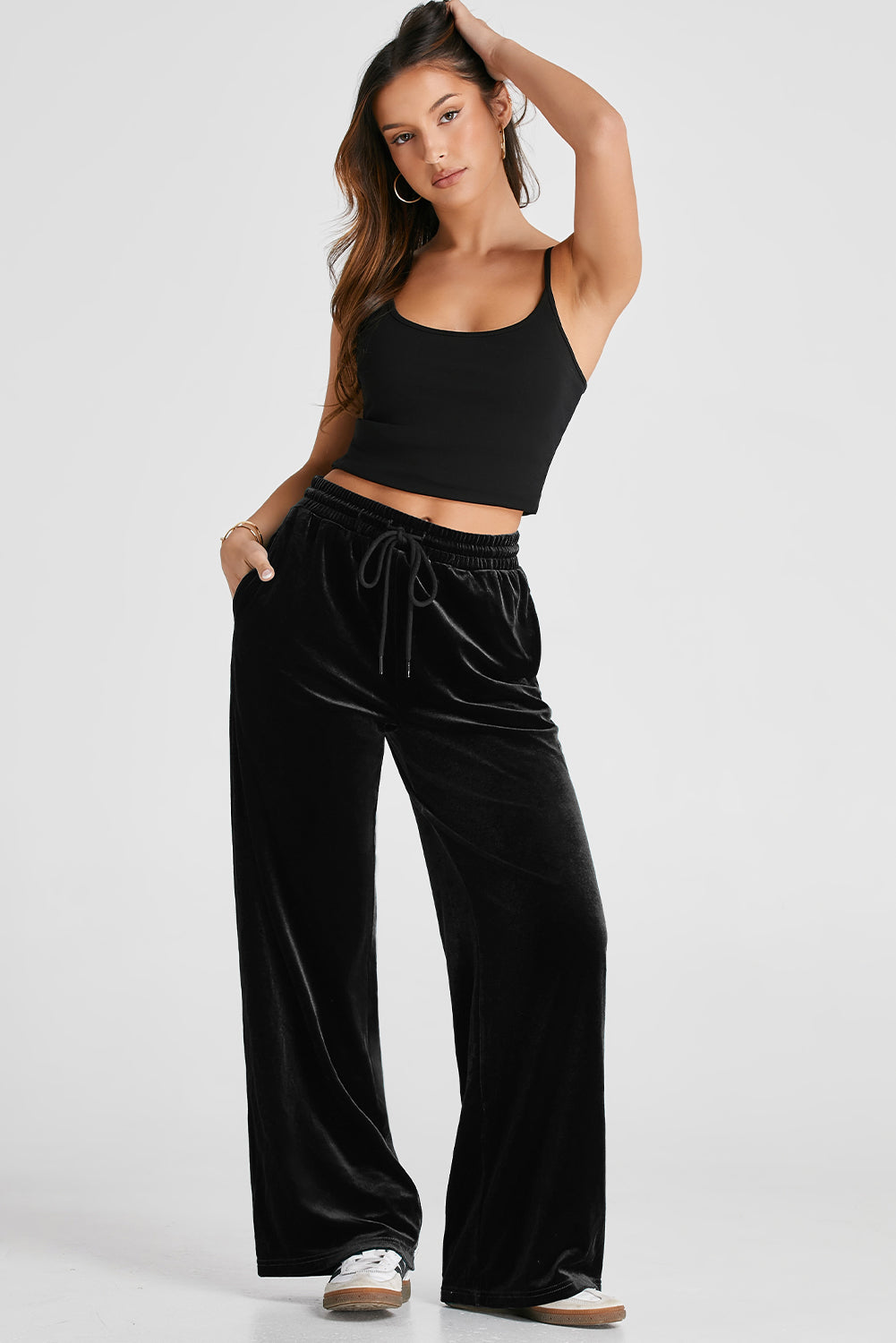 Evergreen Solid Drawstring Waist Wide Leg Pants